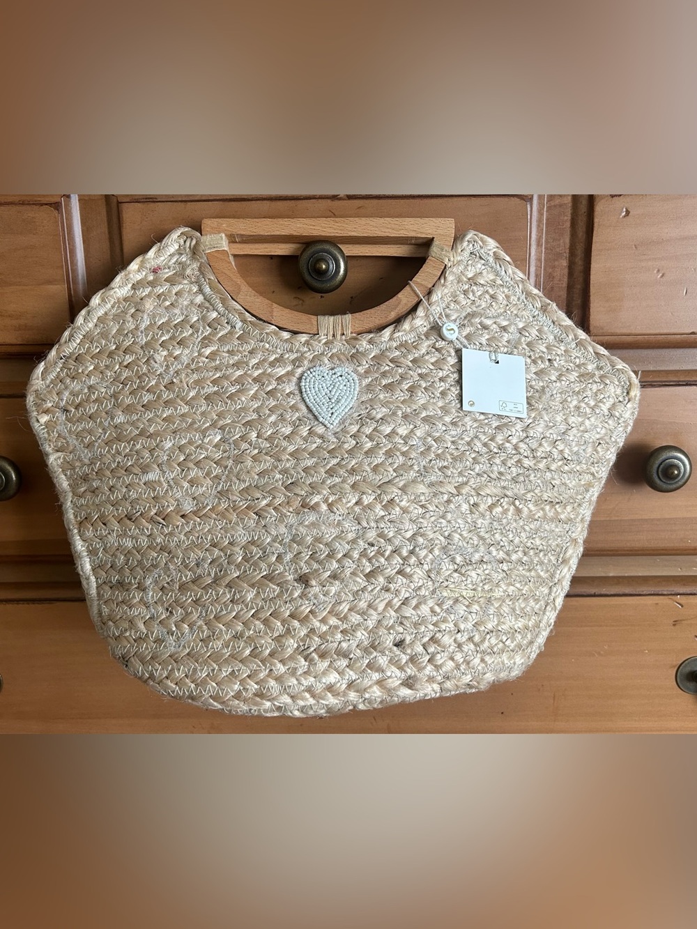 Woven Straw Tote Bag with Heart Accent - By Shiraleah Chicago In Natural NWT